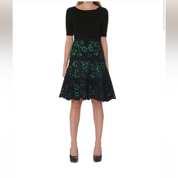 NWT FOCUS by Shani Laser Cut Ponte Knit Fit & Flare Dress in Green Size 6